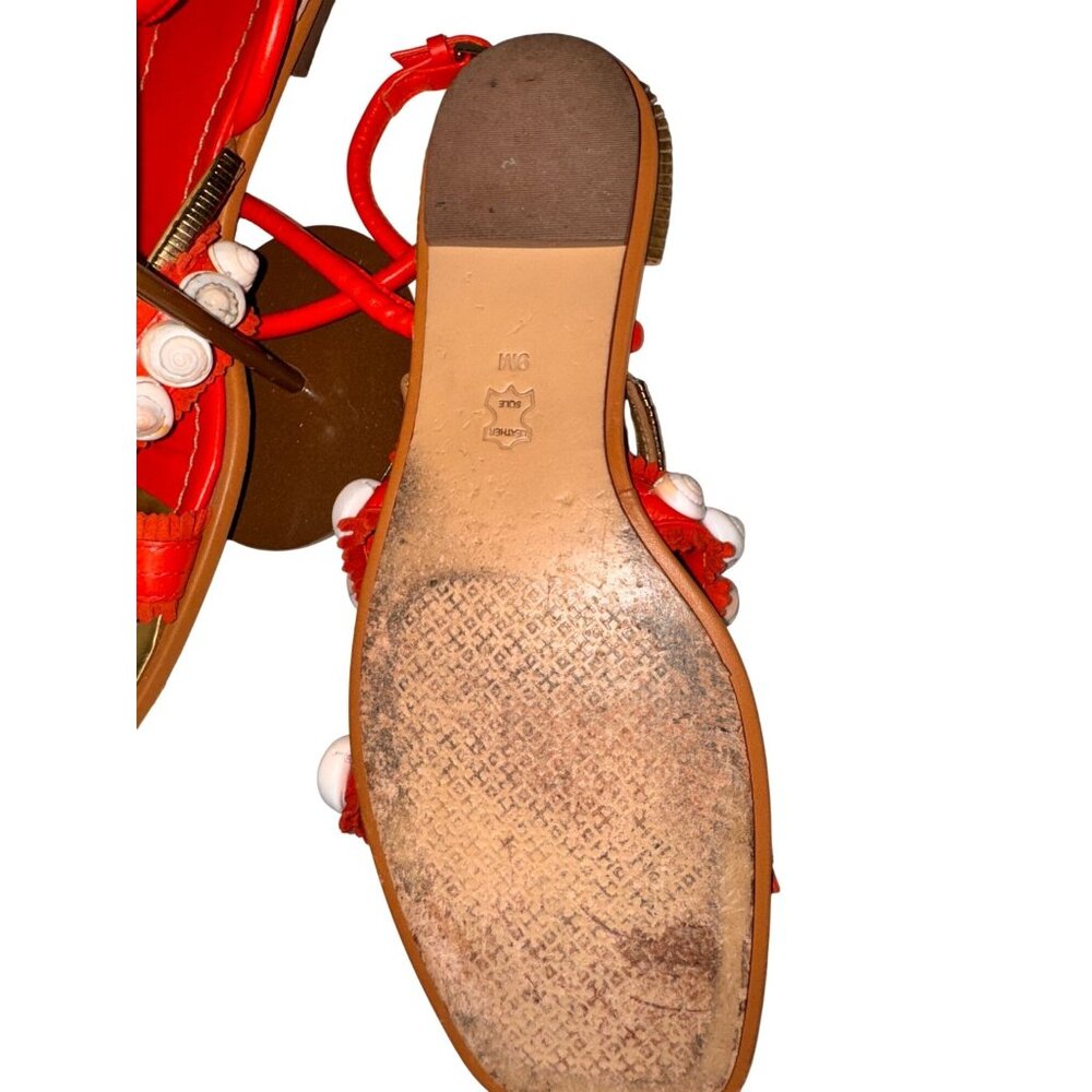 Tory Burch Shell Embellished Red Strappy Sandals Gold Accents Size 9 - Picture 5 of 6